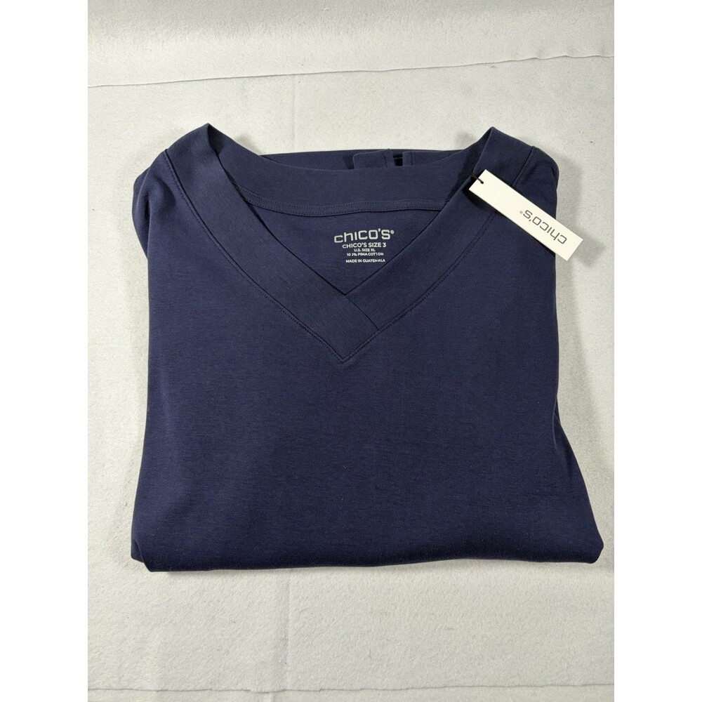 NWT Chicos Size 3 V Neck Quarter Sleeve Top Blue Preppy